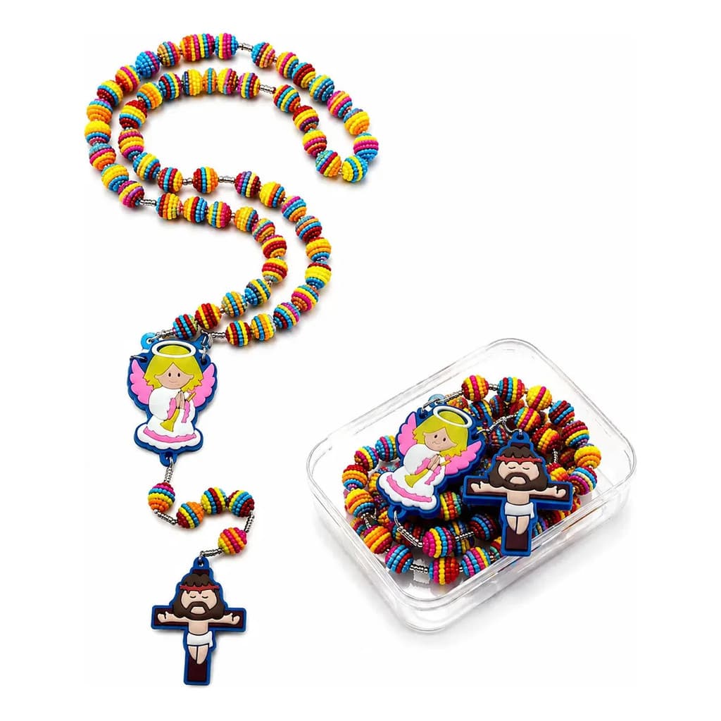 Colar Terço Jesus E Anjo Da Guarda Infantil Framboesa cordão de Nylon