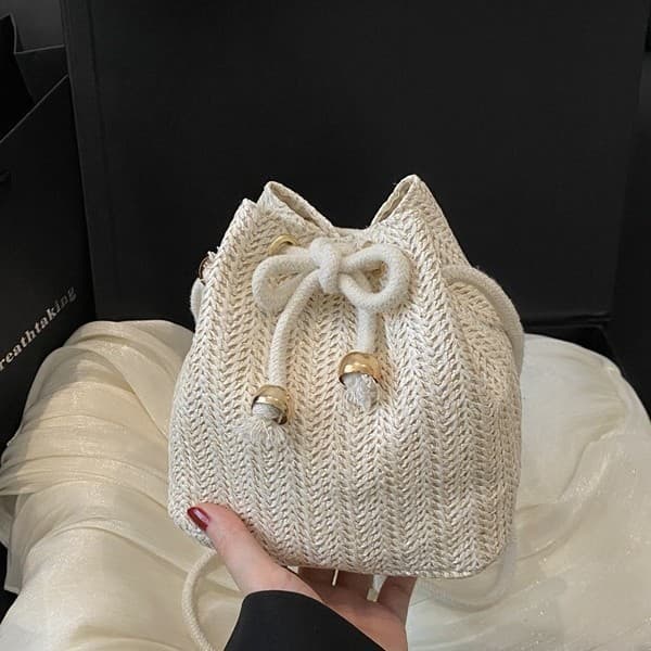 Bolsa balde de palha feminina com cordão Design bolsa de férias verão praia Commuter bolsa de ombro nicho bolsa de féria
