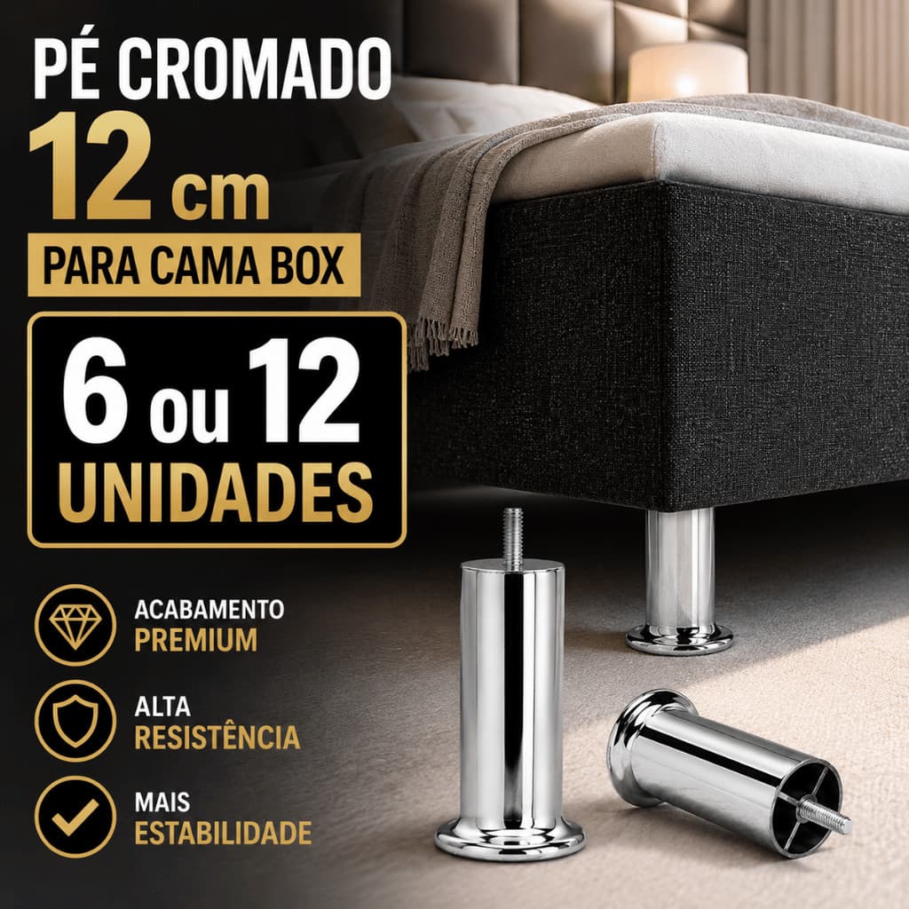 Pé para Cama Box Cromado 12 cm Reforçado Rosqueável 6 ou 12 Unidades