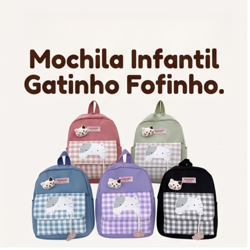 Mochila Infantil Fofinha com Gatinho Xadrez – Ideal para Creche e Escola