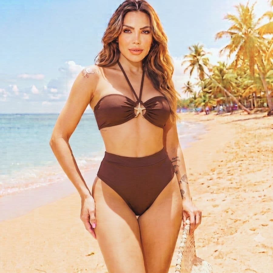 Conjunto Biquíni Feminino Suplex Hot Pants Modela Cintura Com Alça Removível E Pingente Estrela Moda PraiaR132