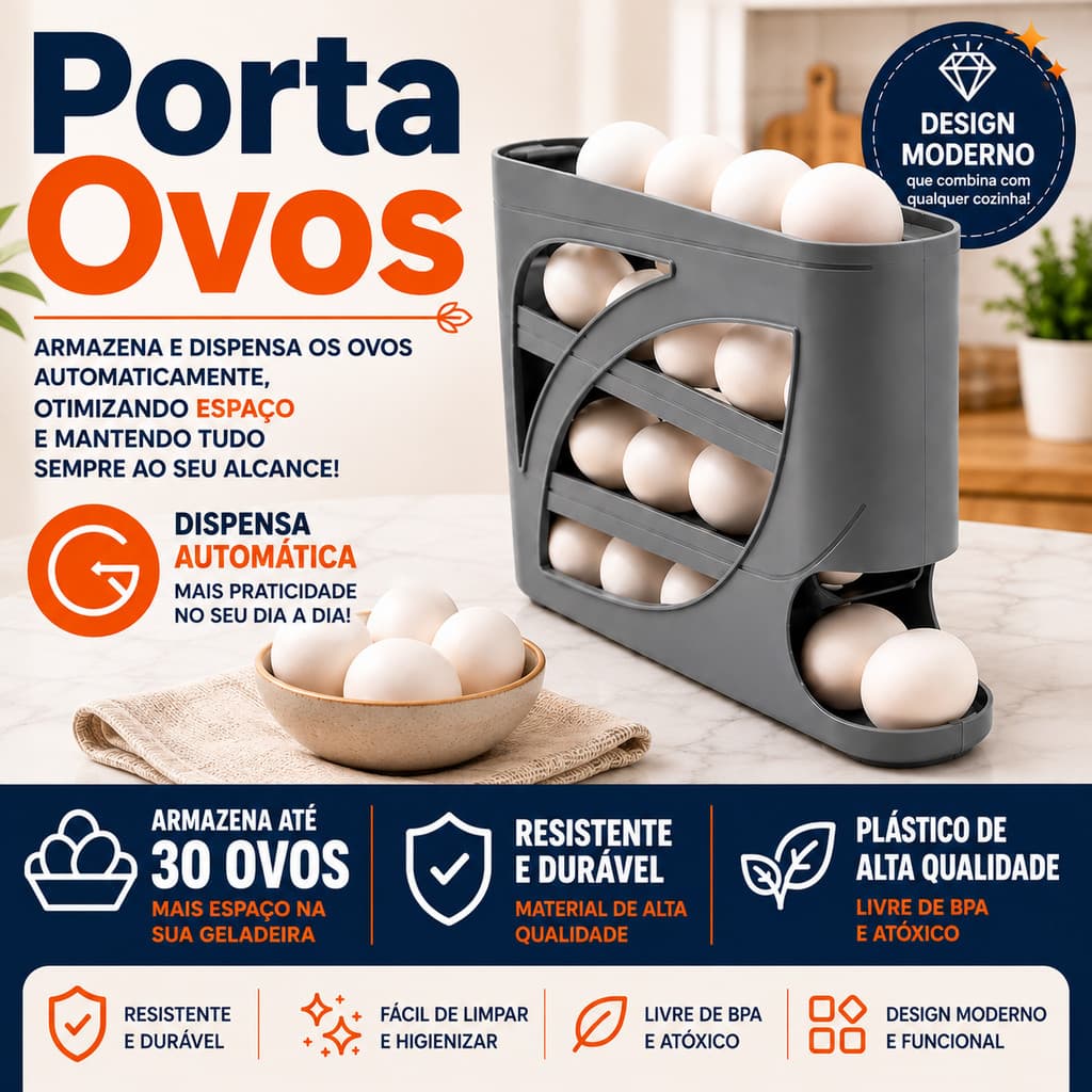 Porta ovos 4 andares em plastico para geladeira Organizador 30 ovo sistema rolante automatico