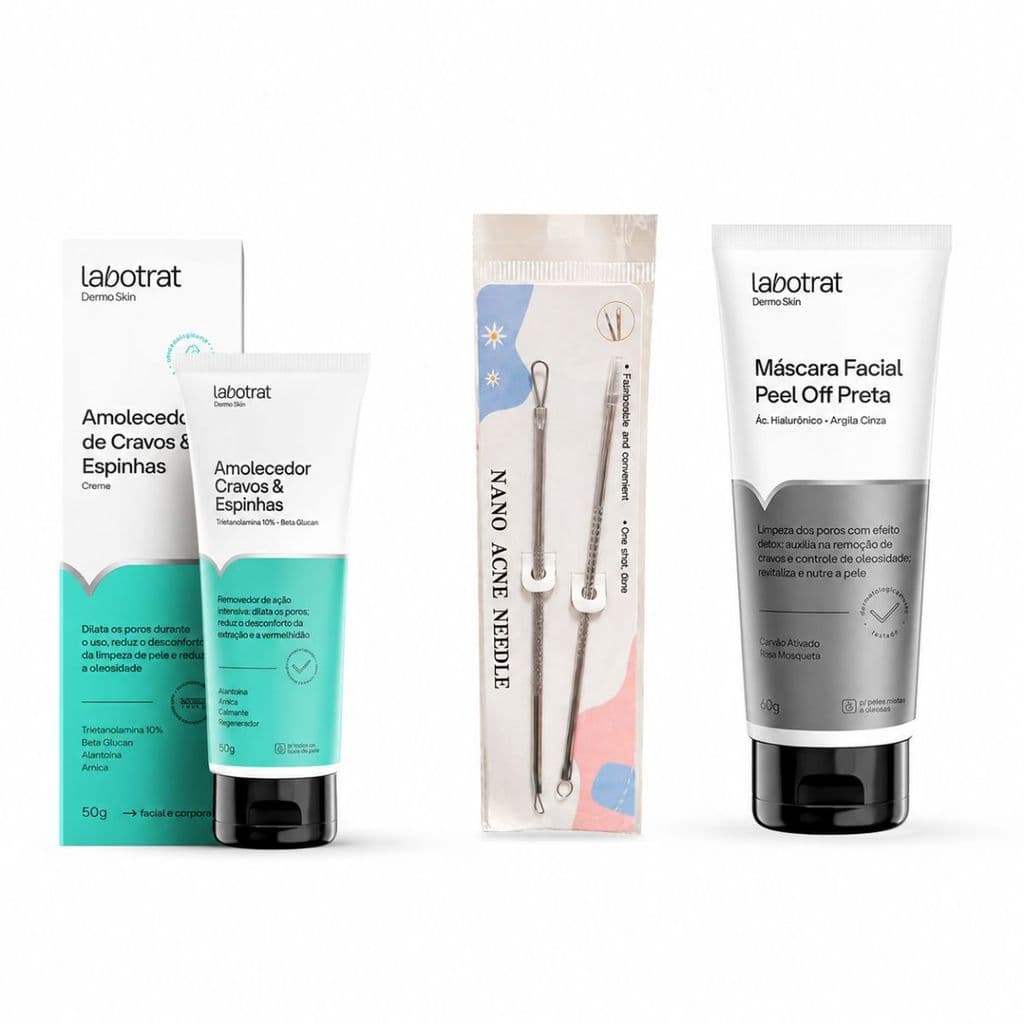 Kit Cravos Labotrat Peel Off Preta 60g, Amolecedor 50g e Extrator Nano Acne Needle Inox Removedor
