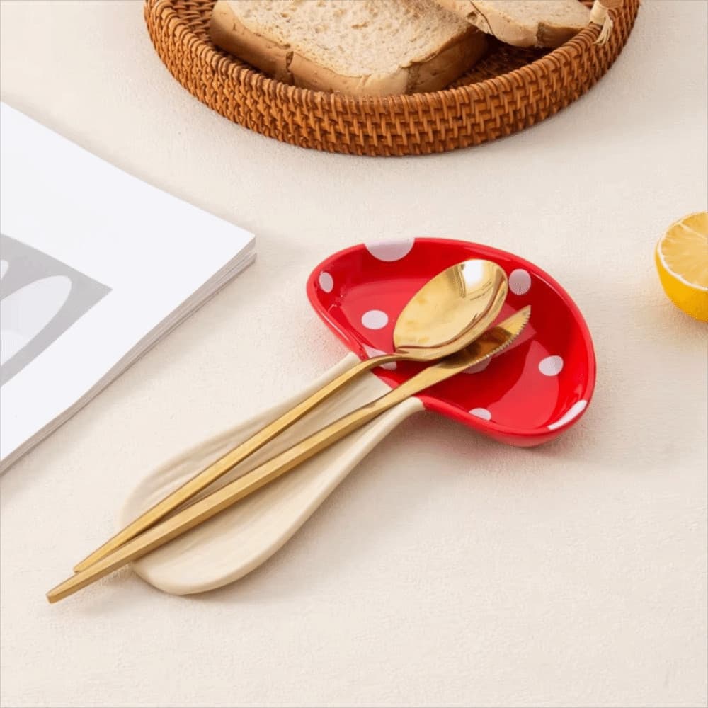 Suporte para Espátula de Porcelana SUNDANCE, Descanso para Colher em Cerâmica Vitrificada com Desenho de Cogumelo, Supor