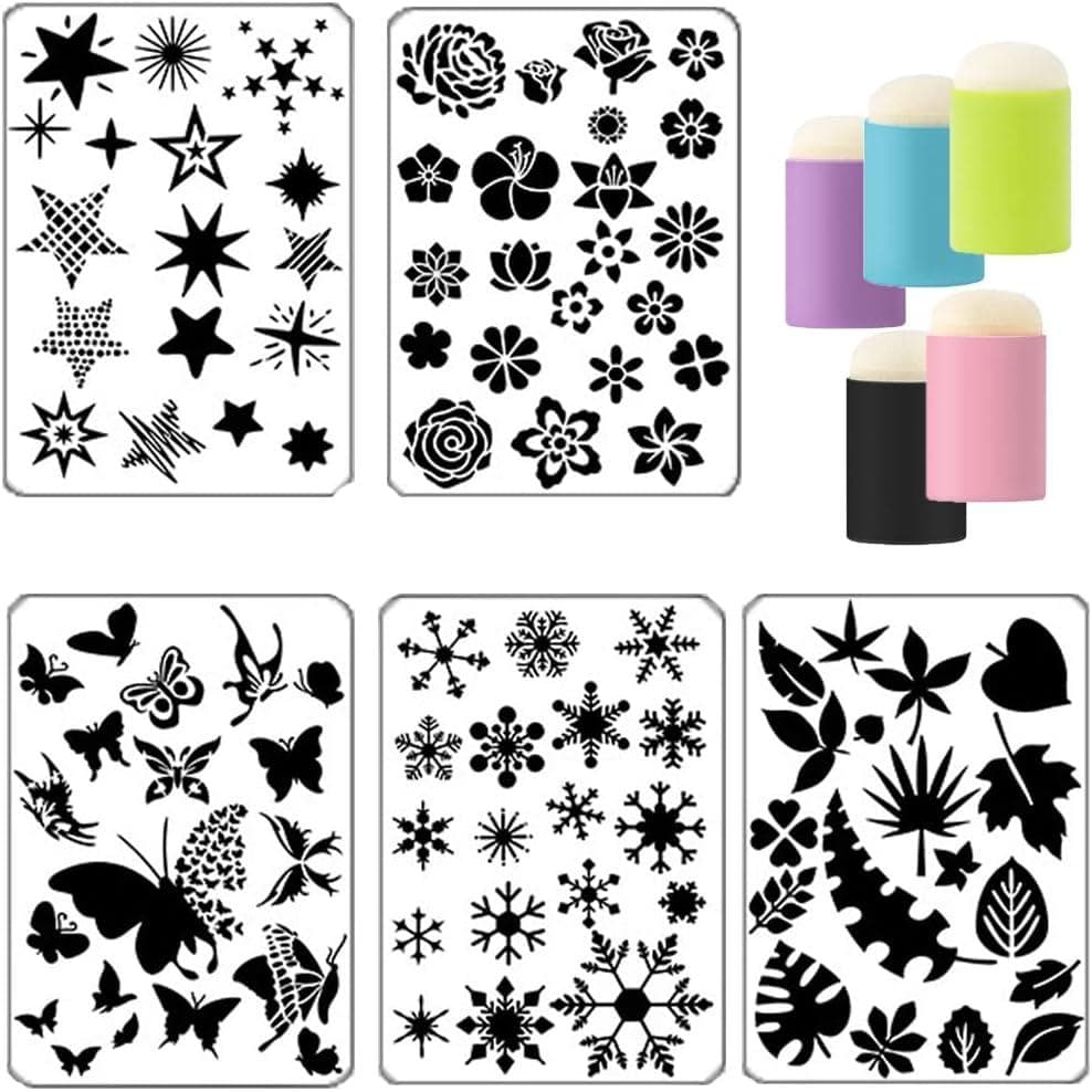 Conjunto de Estênceis para Pintura 5 Peças Estênceis para Pintura Folhas Flores Borboletas Flocos de Neve Estrelas Estên