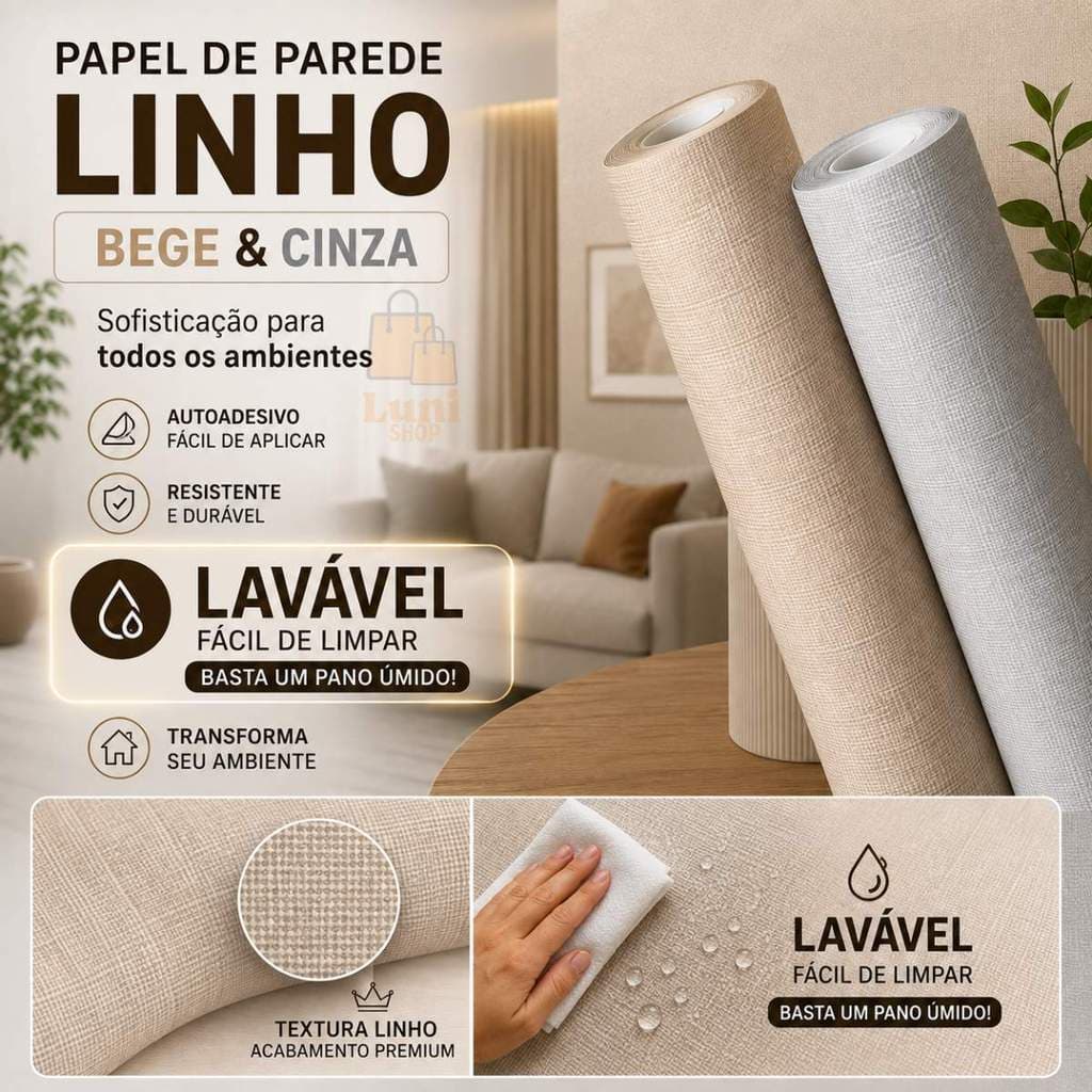 Papel De Parede Linho Texturizado Adesivo 3D 5MX45CM Lavável Nude Bege Luxo Cinza