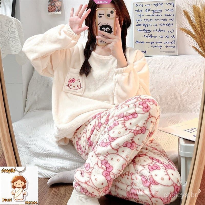 Novo Kawaii Sanrio Hello Kitty Pijamas De Flanela Para Meninas Inverno E Outono Forro Quente Roupas De Presente BJ1C