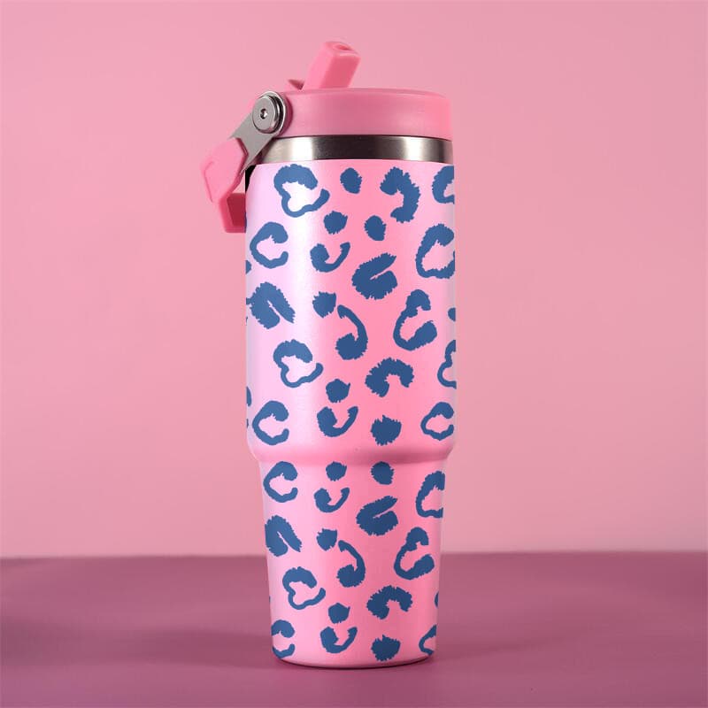 Garrafa térmica de água 900ml oncinha animal print aço inoxidável portátil copo com canudo presente criativo