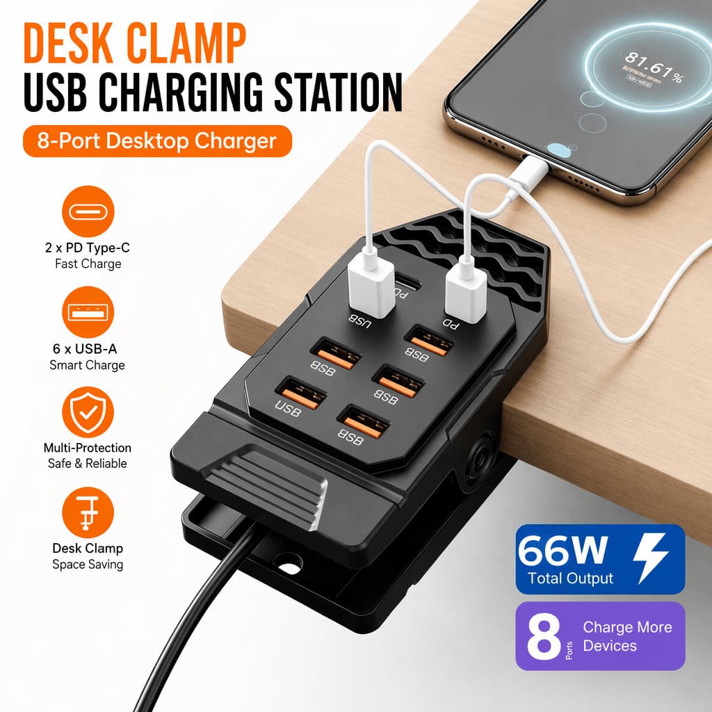 1 Hub de carregamento USB com clipe Universal americano de 8 portas, incluindo 6 Interfaces USB-A e 2 portas de carregam