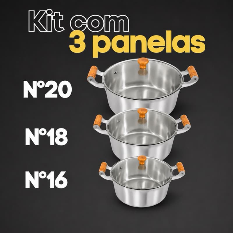 Jogo 3 Panelas Pequenas 16/18/20 Alumínio Batido Fundido Grosso com Tampas de Vidro - UTENSÍLIOS PARA SUA COZINHA