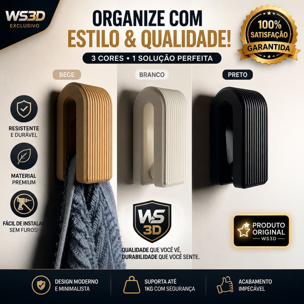 Gancho Adesivo Premium WS3D Sem Furos | Suporte de Parede Organizador para Toalha, Roupas e Banheiro