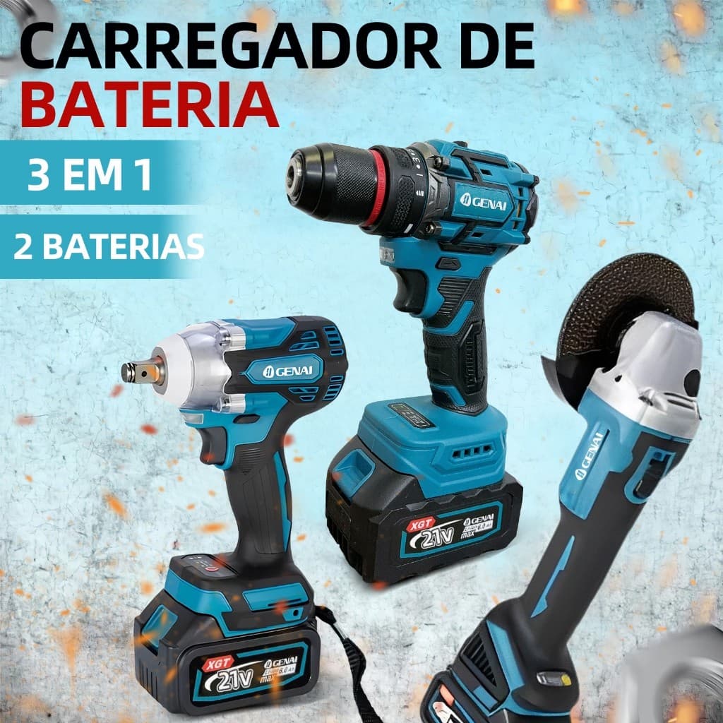 Kit 3 em 1 sem escova esmerilhadeira chave de impacto chave de fenda elétrica 21V+kit de ferramentas
