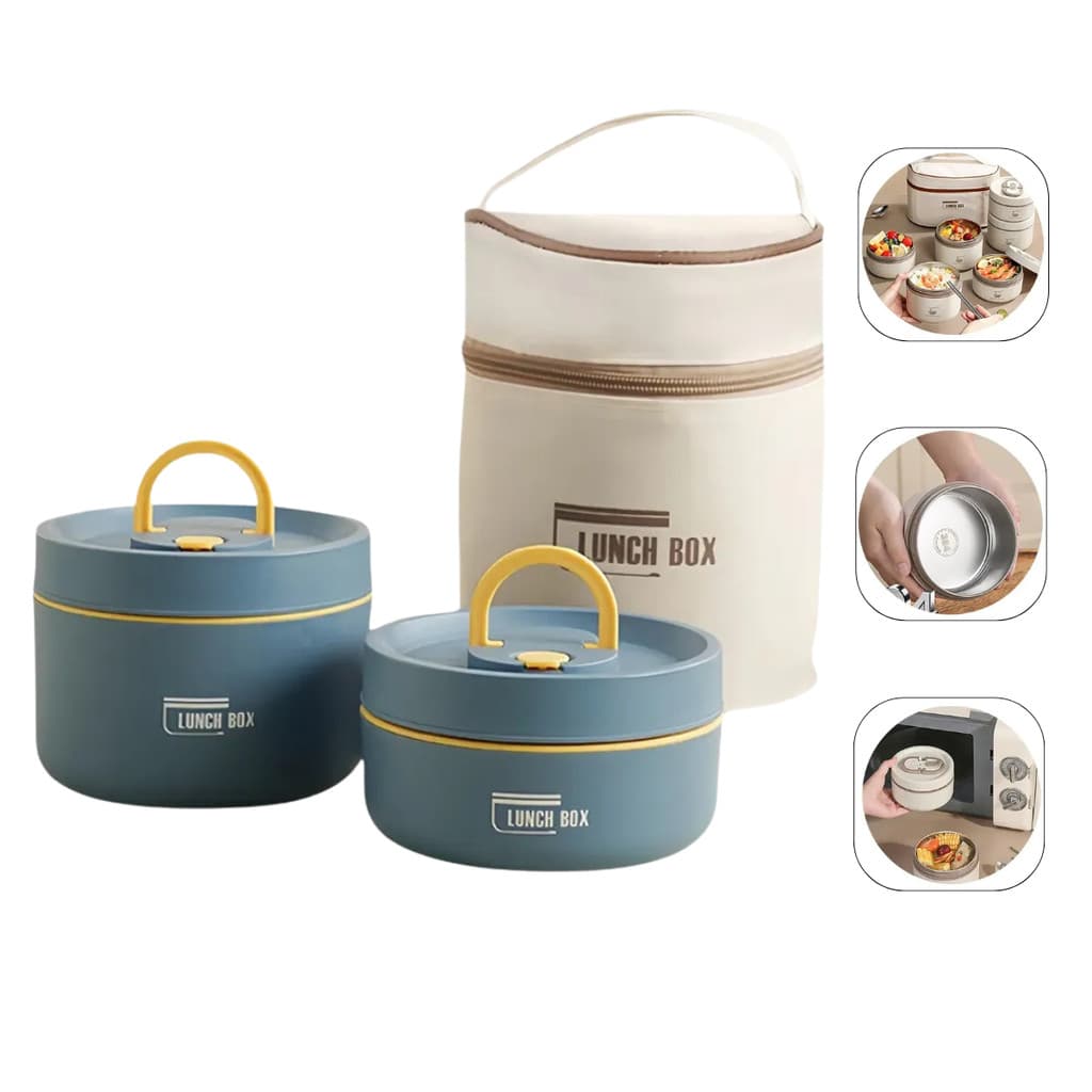 KIT 2 MARMITAS TERMICA REDONDA COM ALCA 1 UNI 440 ML + 1 UNI 600ML AZUL