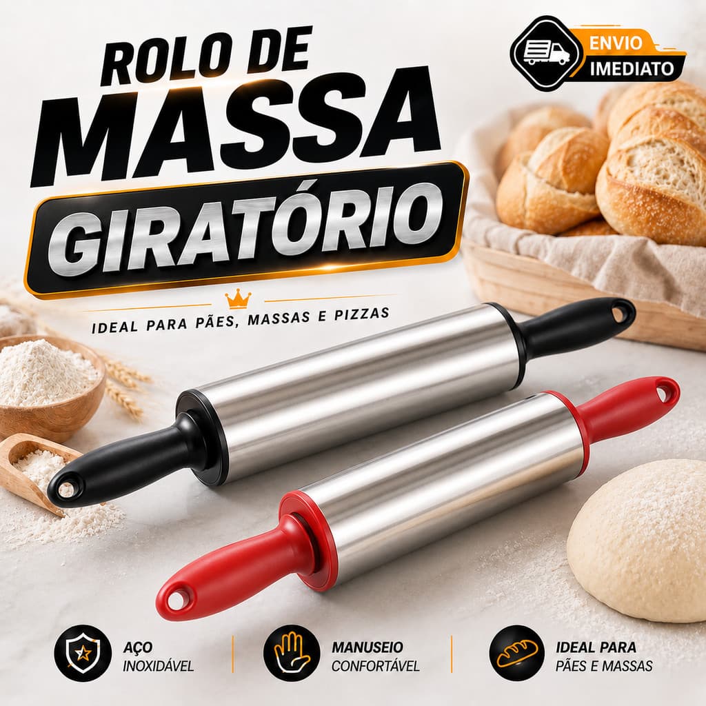 Rolo de Massa em Aço Inox com Cabo Giratório 360° – Ideal para Cozinhas Profissionais e Domésticas
