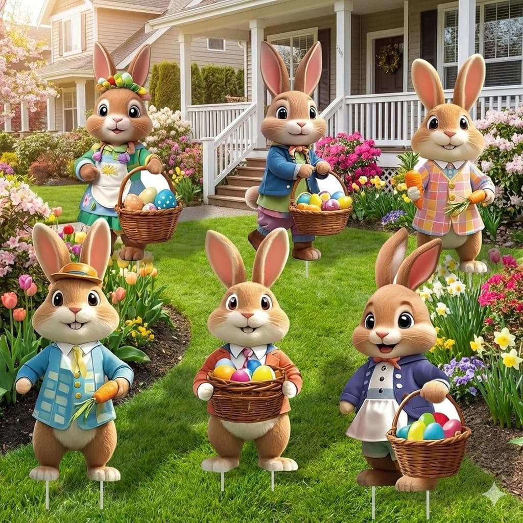 6 Peças de Decorações de Páscoa para Jardim, Placas Decorativas Grandes de Coelho com Estacas, Ornamentos de Jardim de P