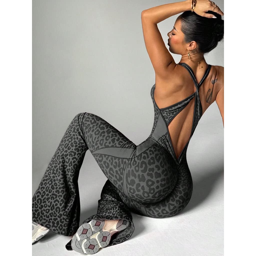 Europeu americano feminino leopardo impressão cruz linda volta sem costura macacão Yoga Wear macacão esportivo feminino
