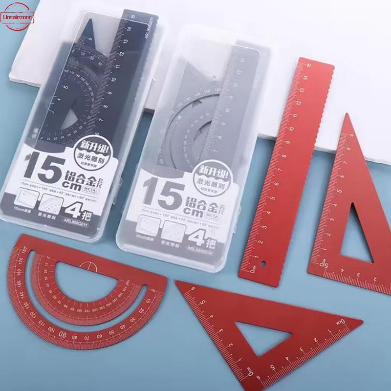 OZTH 4 Pçs/Set Conjunto De Régua De Alumínio Metal/Plástico/Meometria Macia Matemática Desenhopass Papelaria Réguas Mate