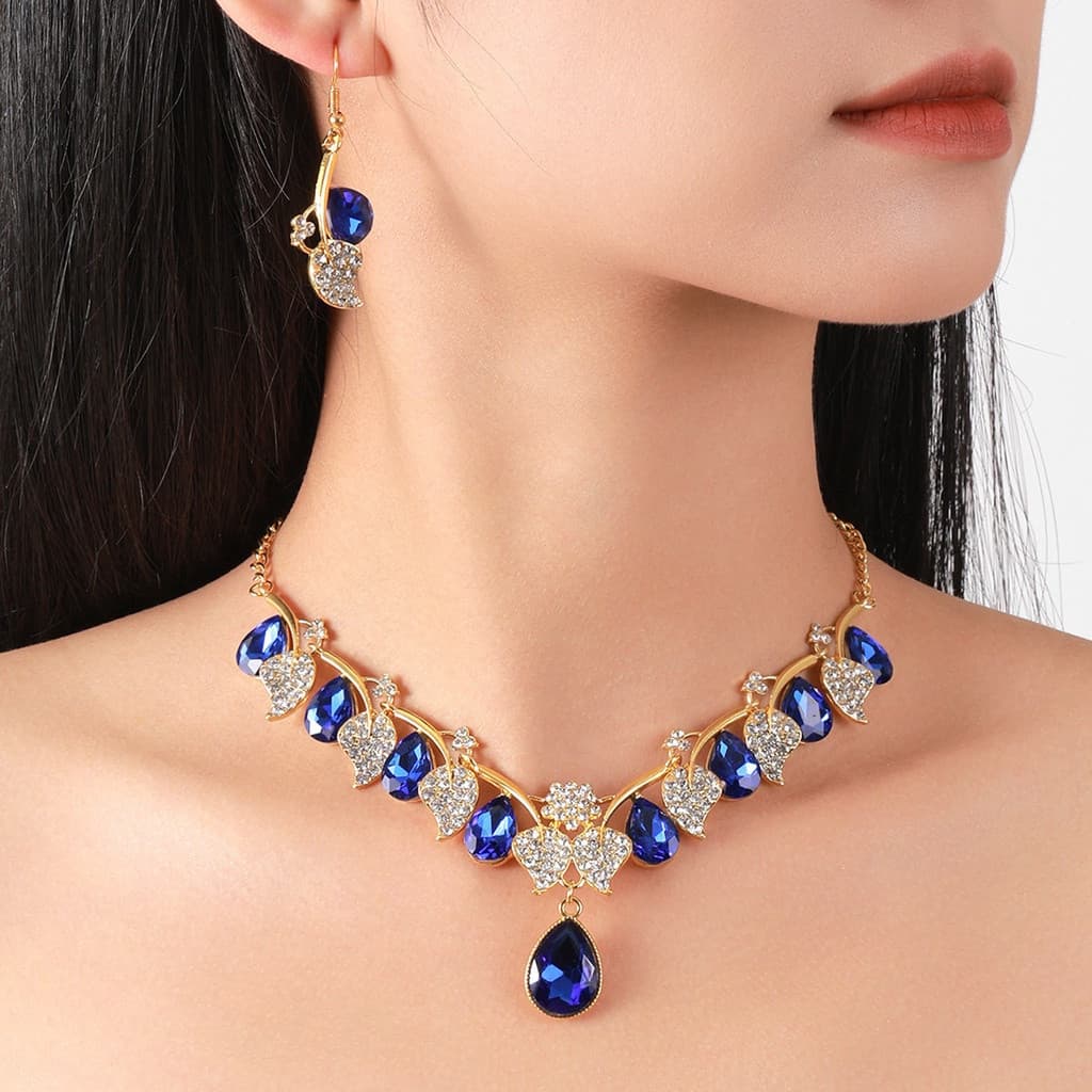 Conjunto De Jóias Gotas De Água Fashionable Colar De Folha De Diamante Corrente Brincos De Noiva De Duas Peças Acessório
