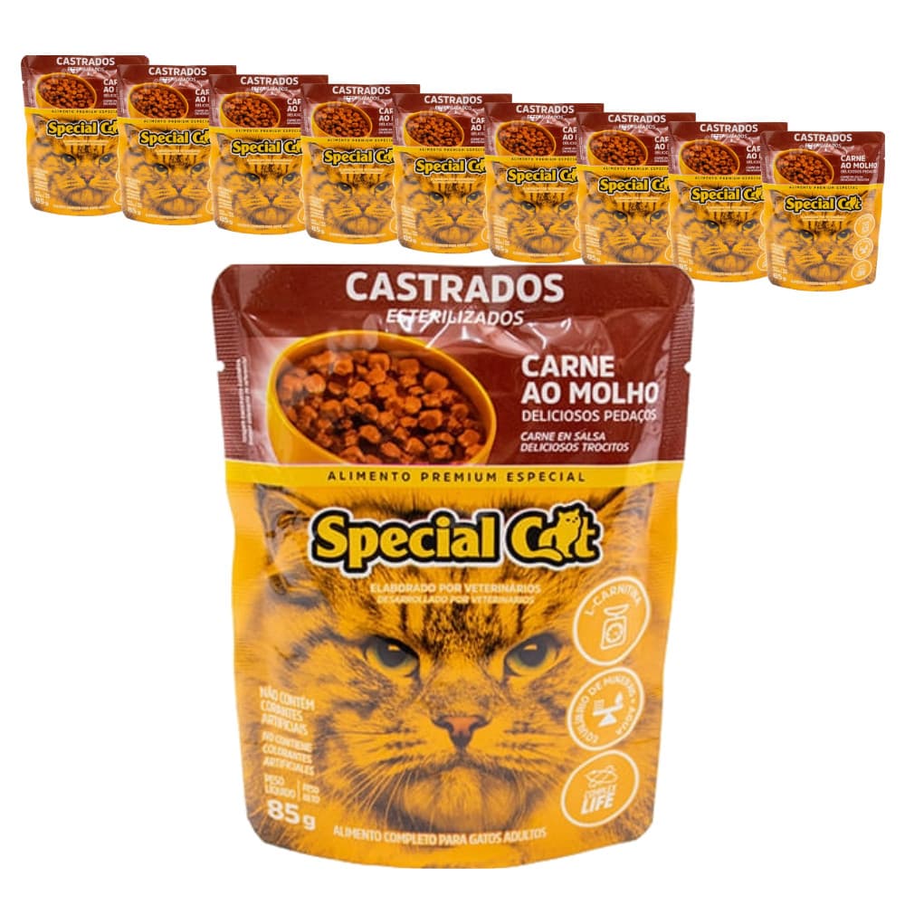 Ração Úmida Premium Special Cat Sachê para Gatos Castrados sabor Carne 85g - KIT 10 unids.