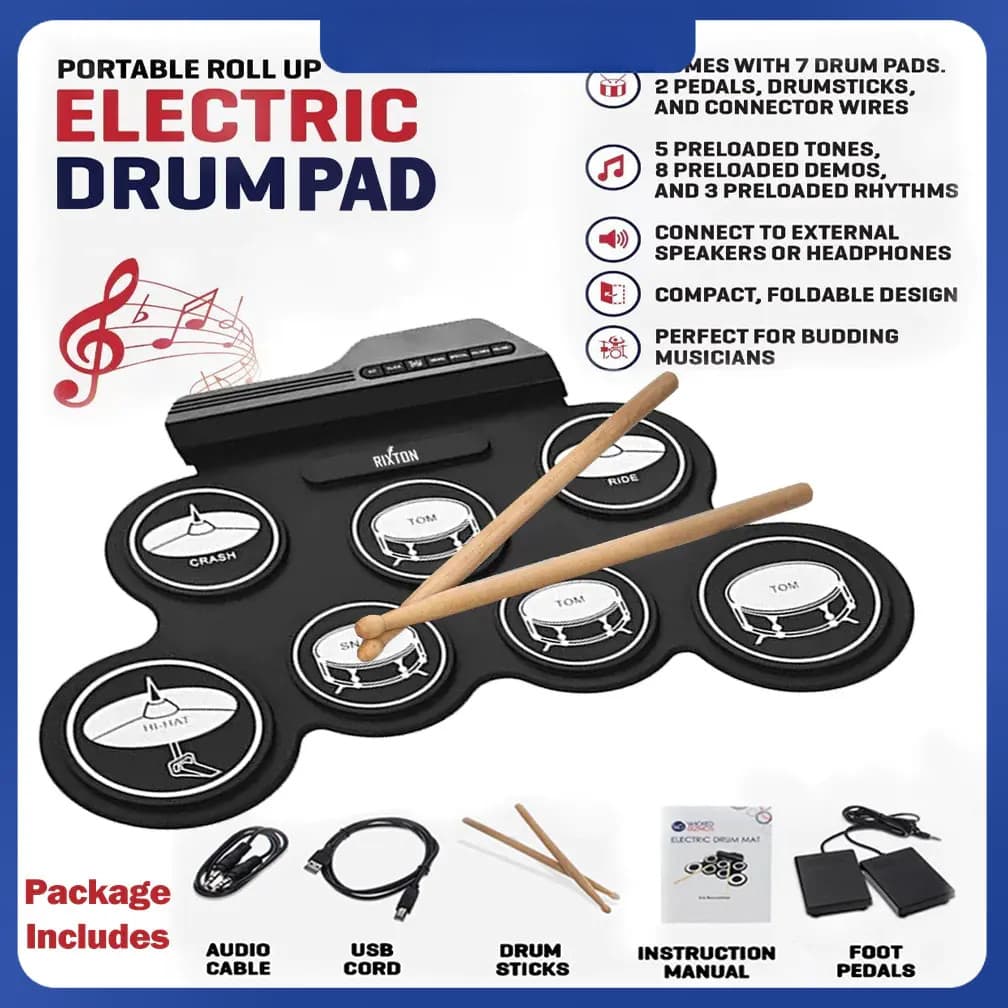 Bateria Eletrônica Dobrável de Silicone, Bateria Eletrônica Enrolável com Padrão 3D USB e Alto-falante Integrado, Instru