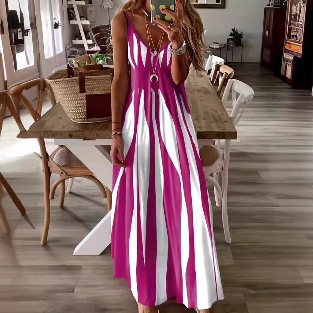Vestido Longo Sem Mangas com Decote em V Estampado Casual Popular Estilo Europeu e Americano Novo Verão 2025