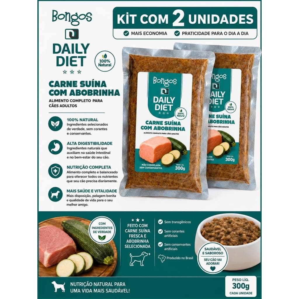 Kit 2 Ração Natural Bongo’s Daily Diet Carne Suína com Abobrinha 300g Cães