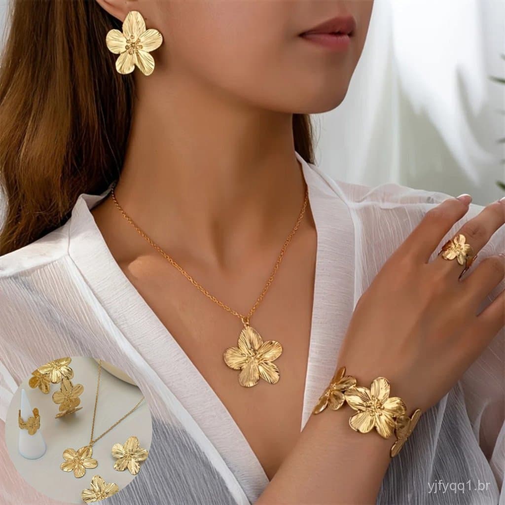 Elegante conjunto de joias florais douradas, 5 peças - estilo vintage, inclui colar, pulseira, anel e brincos.
