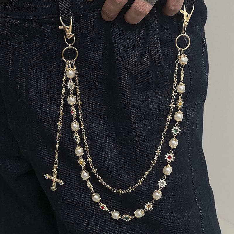 [fulseep] Requintado Luxo Cruz Pingente Imitação Pérola Calças Corrente Para Homens Punk Hip Hop Jeans Acessórios De Rou