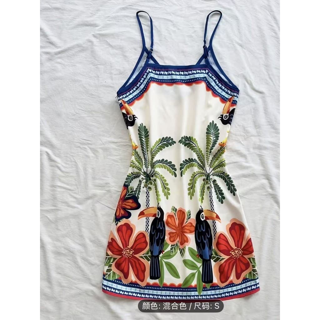 Estilo europeu americano Tropical impresso com decote em V Suspender saia verão férias estilo contraste cor bainha A lin
