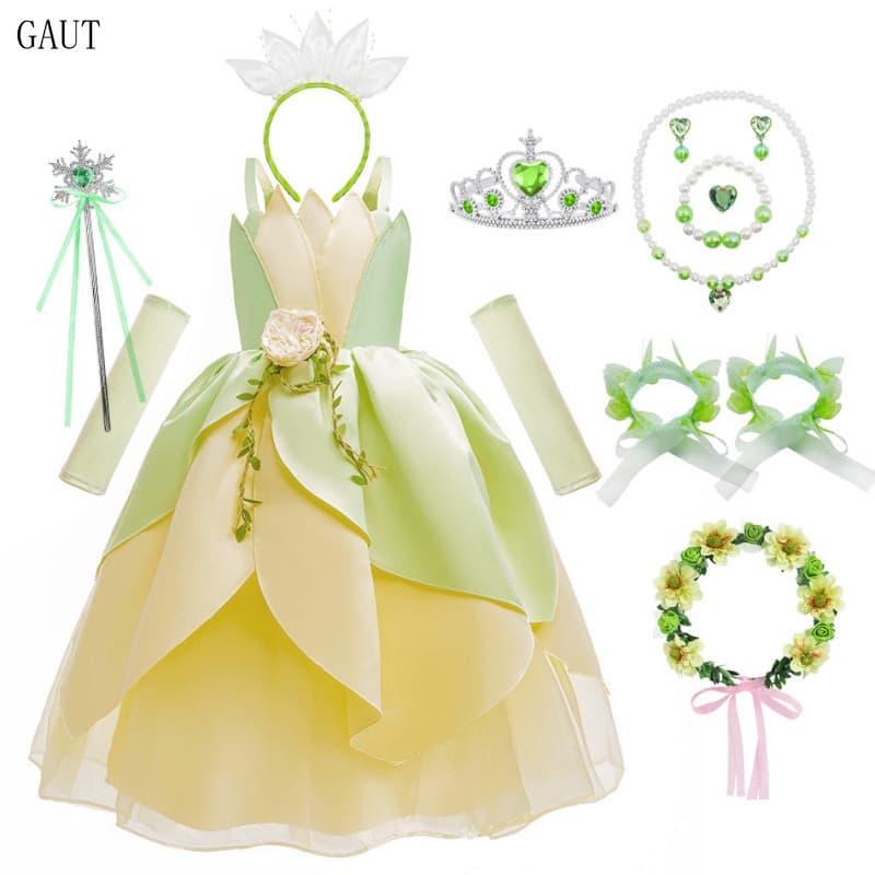 Vestido da Princesa Tiana para Meninas, Fantasia de Sapo para Cosplay, Festa de Halloween, Fantasia Infantil de Elfo, Ve