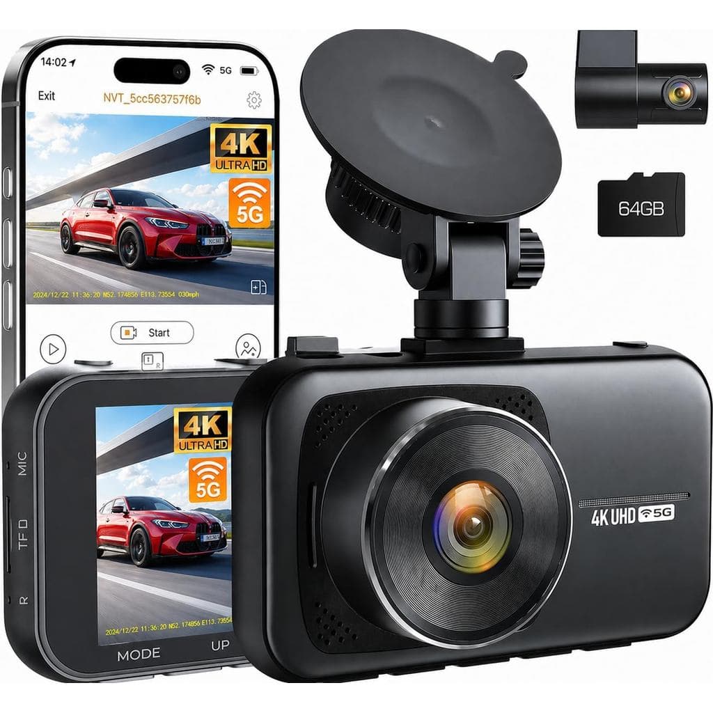 Câmera Veicular 4K Frontal e Traseira com Cartão de 64GB, Wi-Fi 5G e Controle por Aplicativo |   Câmera de painel Full H