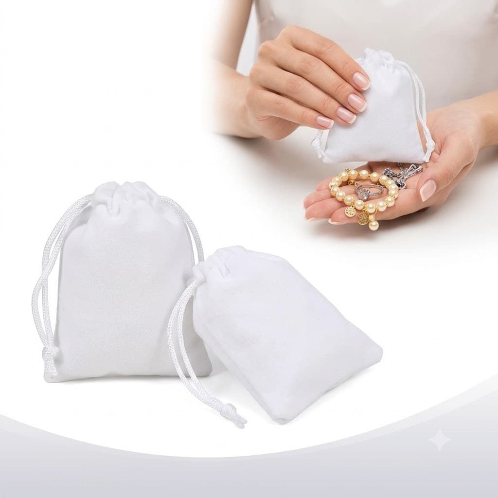 100 Saquinhos Premium de Veludo Branco com Cordão 10x8cm Organizador Embalagem de Presentes Joias e Acessórios