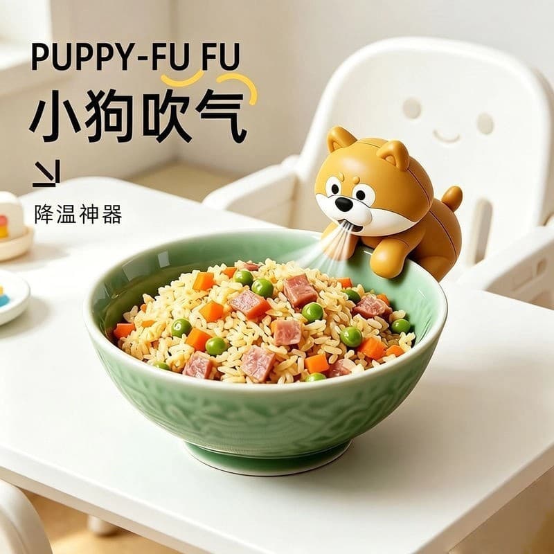 Filhote de cachorro soprando ar soprando arroz fresco ventilador de arroz produto comestível soprando alimentos compleme