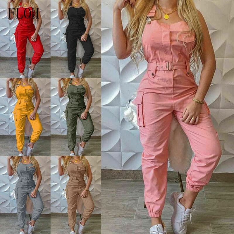 Macacão cargo feminino longo com bolsos no cinto e alça ajustável no tornozelo VVIY