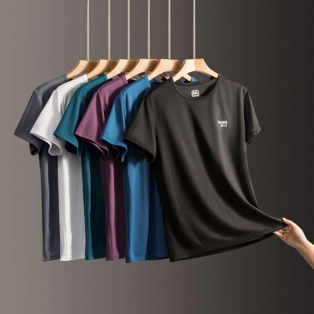 Camiseta masculina de secagem rápida em tecido de seda gelada com efeito de ar condicionado, malha fina e respirável, co