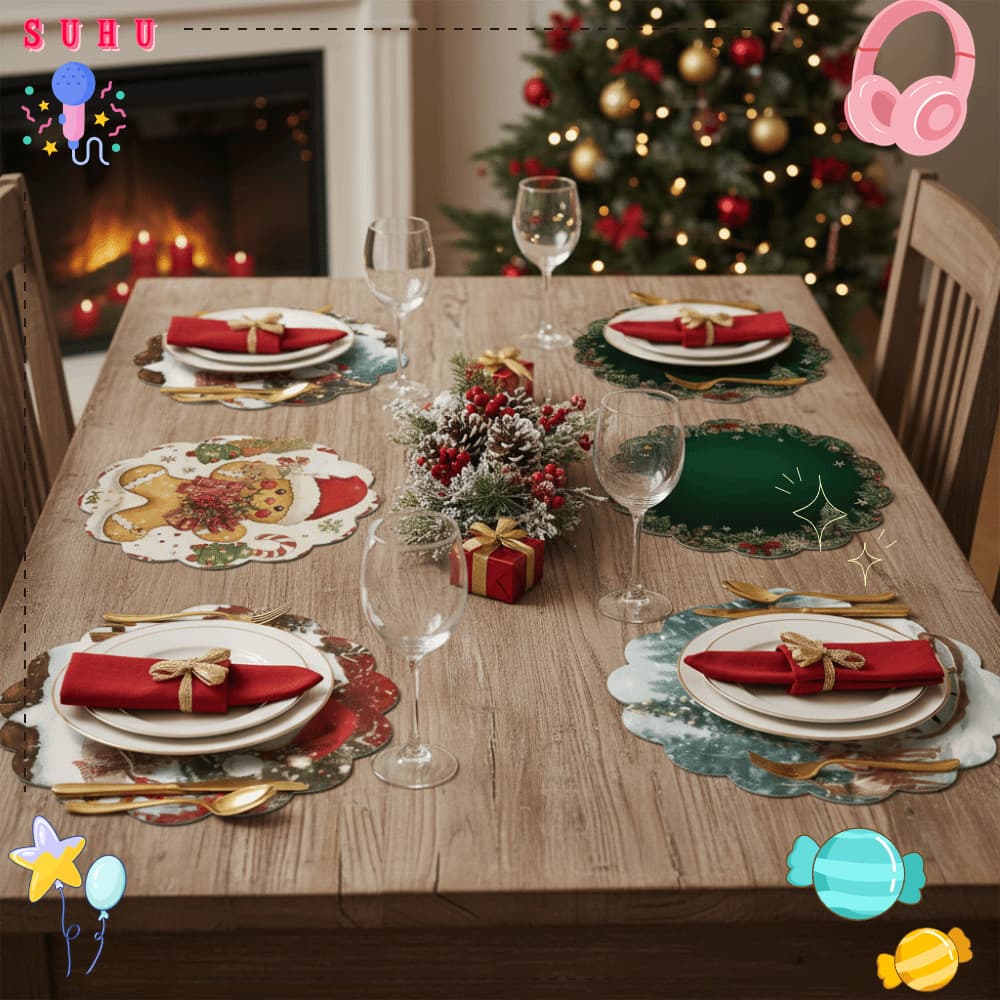 SUHU 2 Peças De Jogos Americanos De Natal , Tapetes De Mesa Redondos Antiderrapantes Jogo Americano De Poliéster