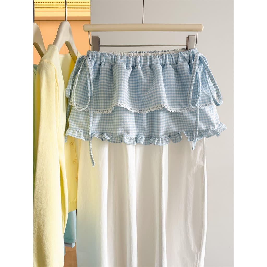 Cortina de bunda xadrez azul claro de verão com cadarço em camadas de renda doce borda fungo saia de bolo com babados de
