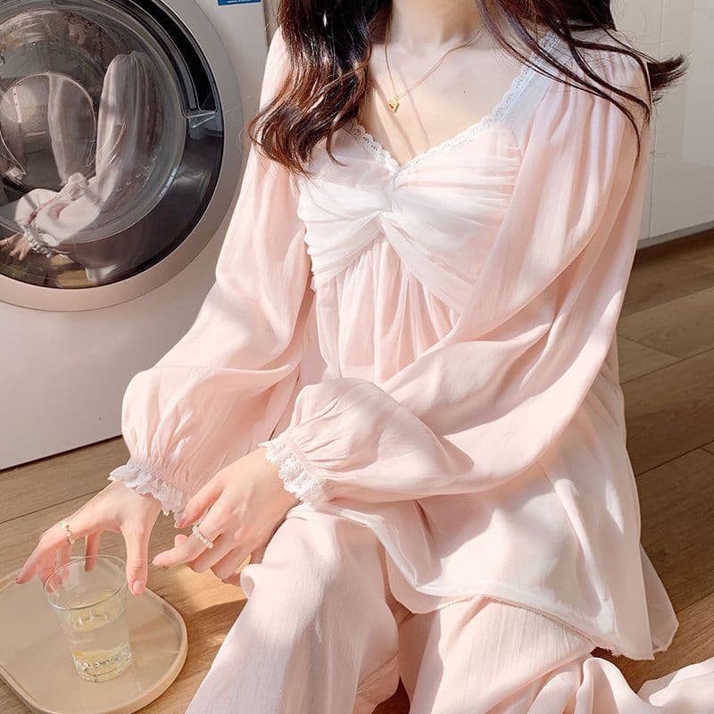 Doce bonito princesa gaze pijamas feminino puro algodão manga comprida Loungewear conjunto