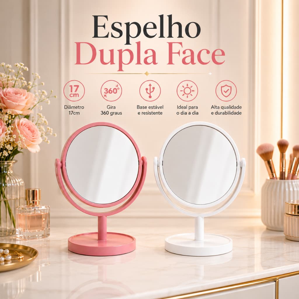 Espelho de Mesa Dupla Face 17cm Giratório 360° Para Maquiagem Rosa ou Branco