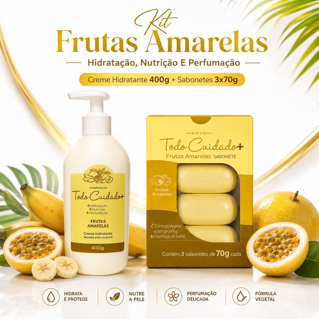 Kit Abelha Rainha Frutas Amarelas Creme Hidratação Profunda E 3 Sabonetes Cremoso Em Barra