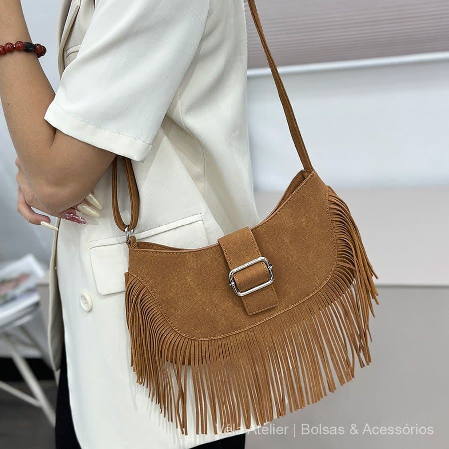 Bolsas femininas populares deste ano: bolsa de ombro com franjas estilo vintage fosco, versátil, para a primavera de 202