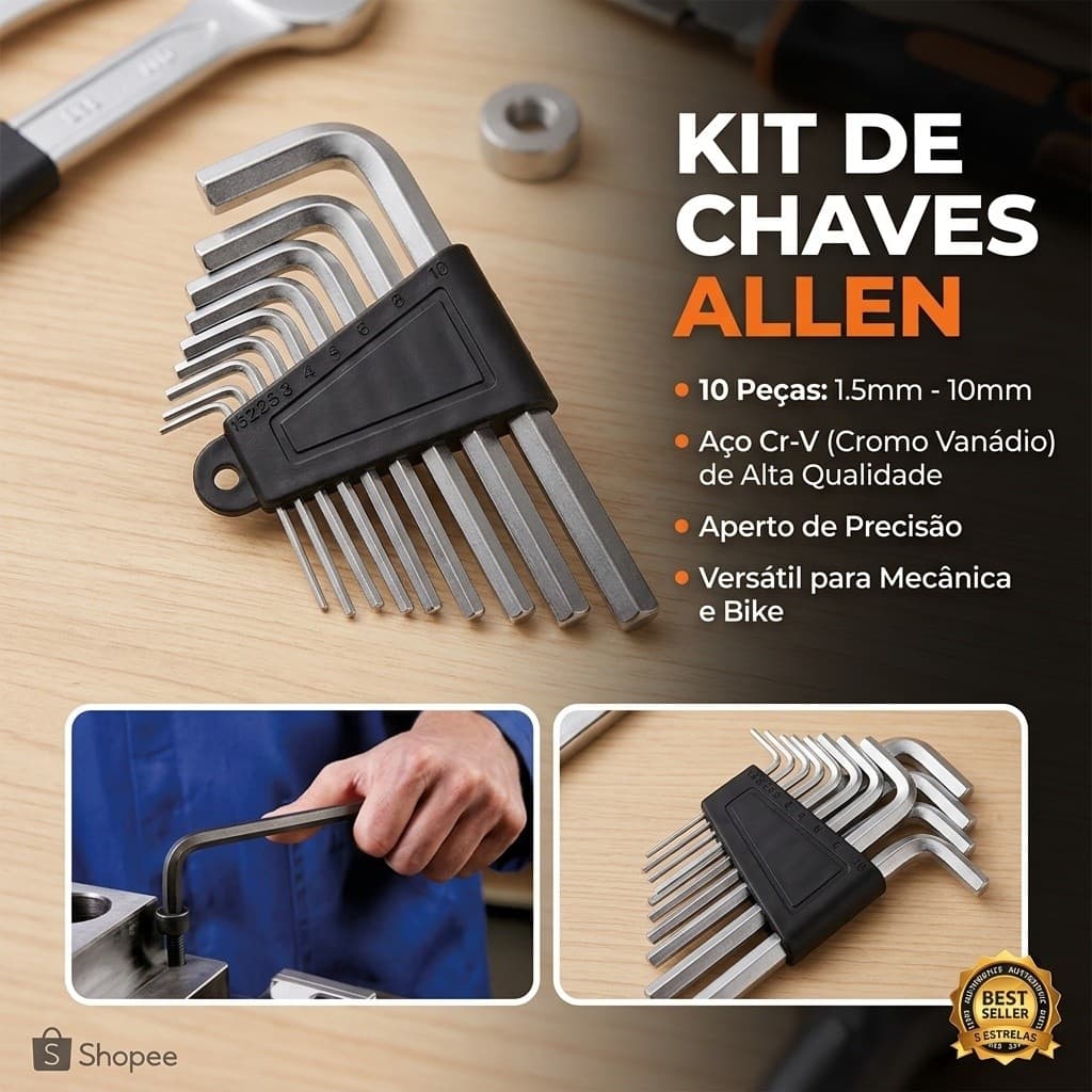 Kit Jogo Chaves Allen Hexagonal 9 Peças 1,5mm a 10,0mm Aço L / jogo de chave L / jogo de chave allen / chaves hexagonais