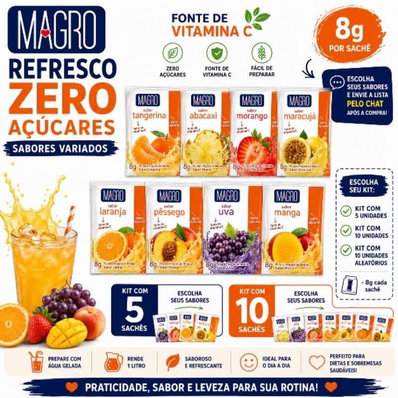 Suco Zero Açúcar Refresco Magro 8g Sabores Variados Kit 5 ou 10 Sachês