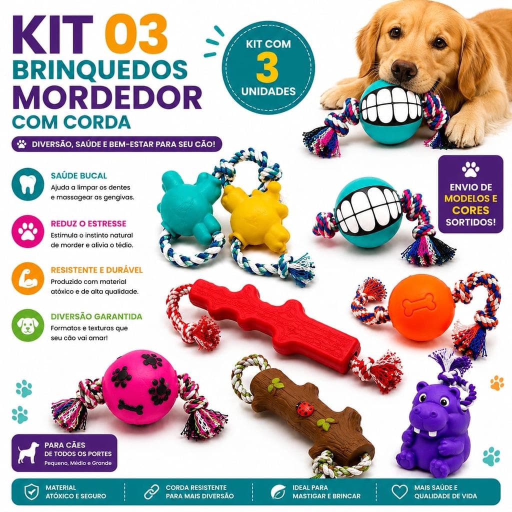 Kit 03 Brinquedos Mordedor com Corda Sortidos para Cães - Resistente, Interativo, para Porte Pequeno e Médio
