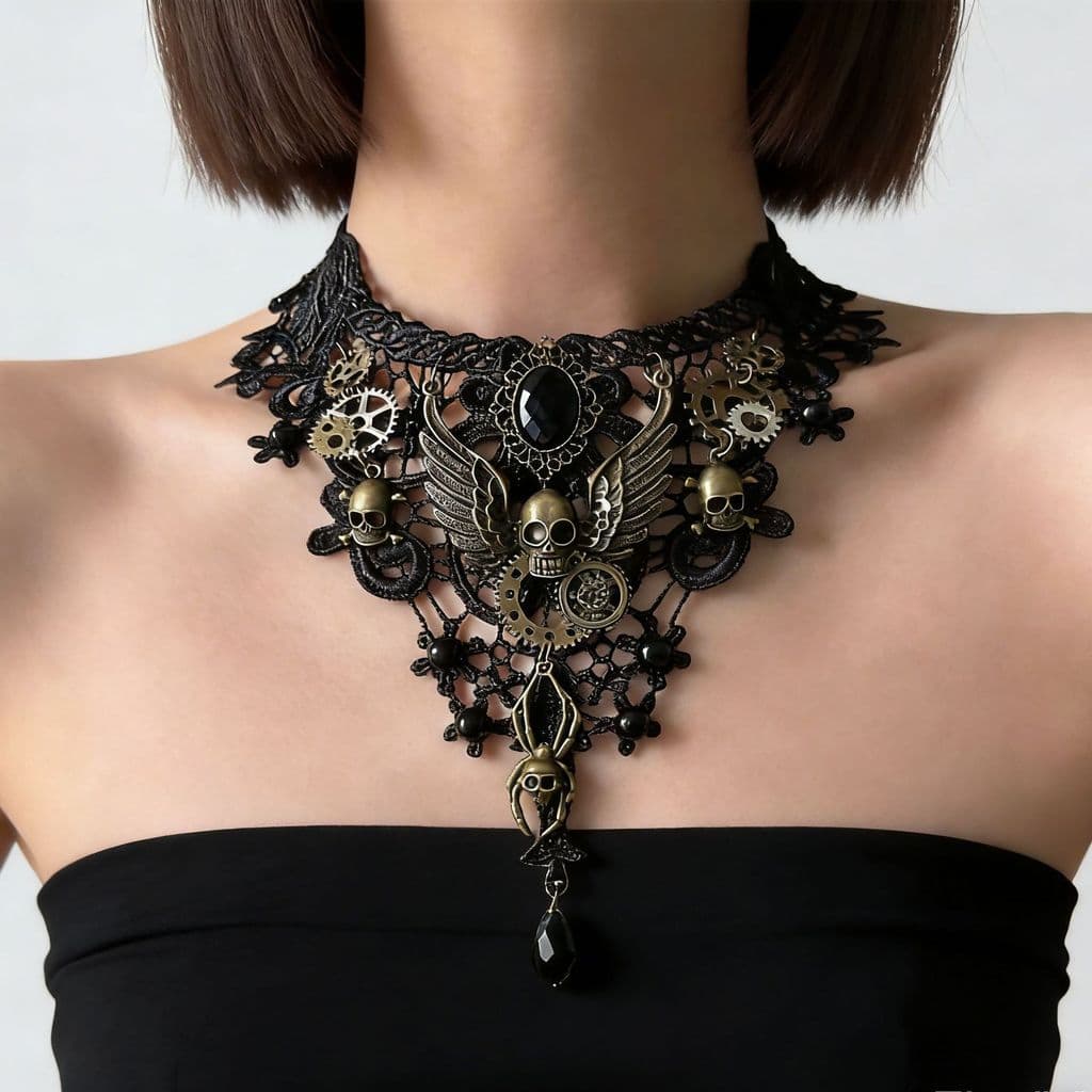 Gargantilha de renda gótica escura, colar exclusivo exagerado, preto, branco, mecânico, Punk, doce, legal, corrente de c