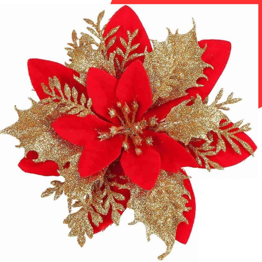Kit 10-30 Flores de Natal Vermelha e Dourada C/ Glitter 14cm Enfeite Árvore luxo OCEANIC