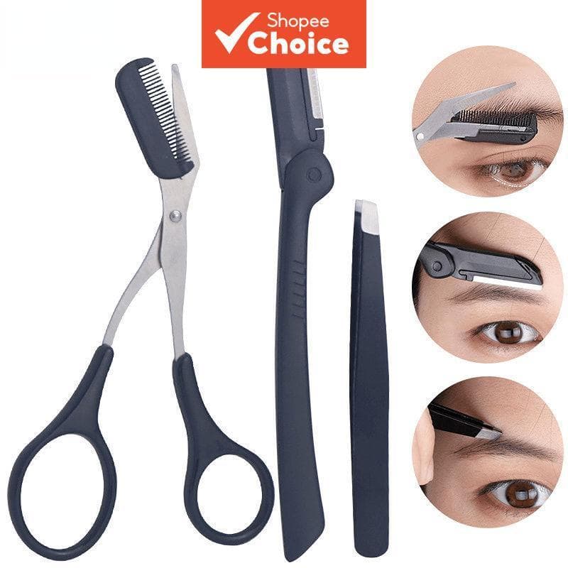 Kit De Preparação De Sobrancelha Em Aço Inoxidável , 3 Peças , Pinça , Tesoura , Pente , Navalha , Modelagem Multiuso ,