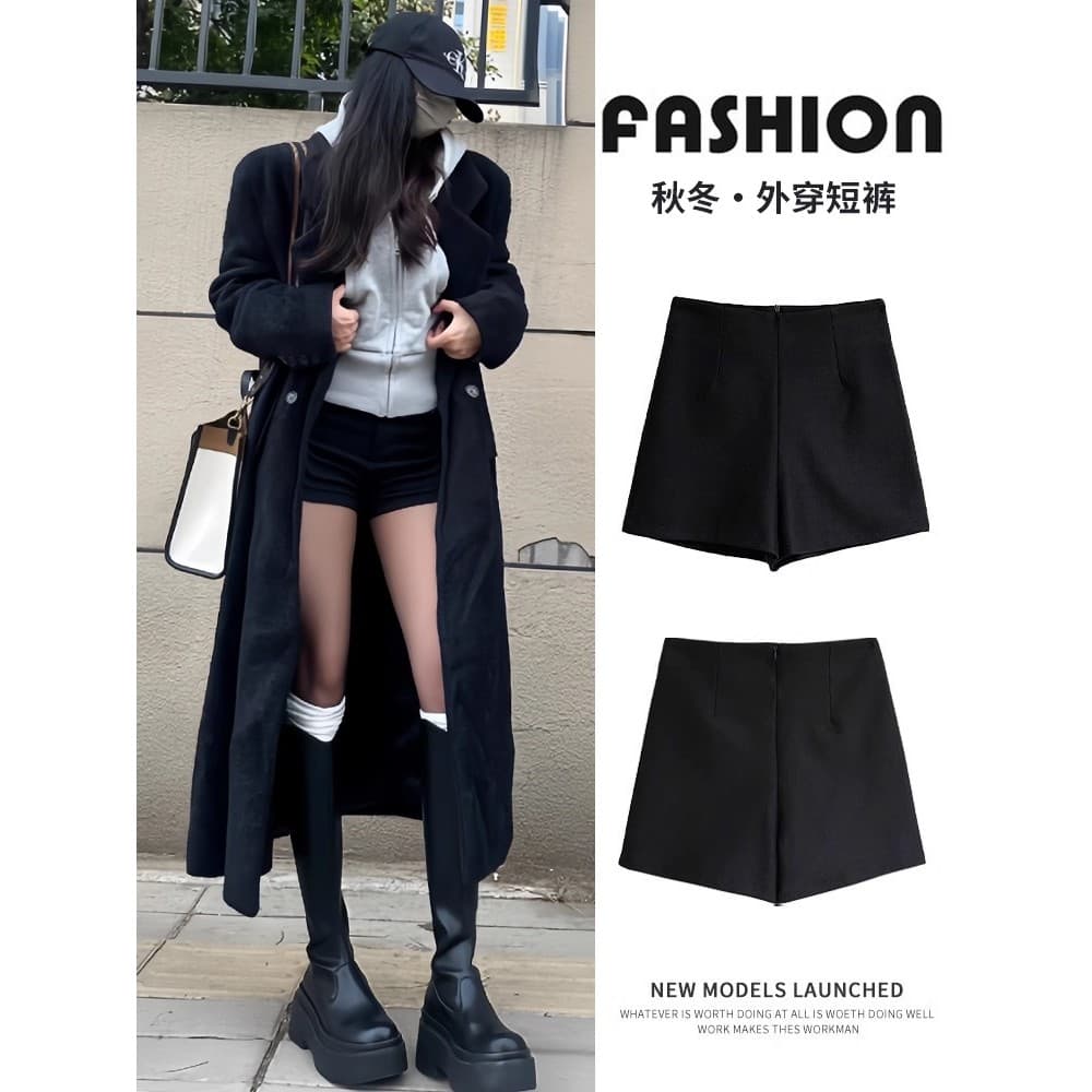Shorts pretos femininos outono inverno roupa externa 2026 novo estilo cintura alta mais magro olhar a linha magro calças
