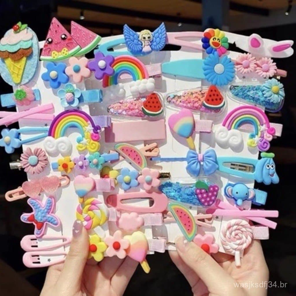Conjunto de 14 peças de presilhas e elásticos de cabelo infantis, coloridos e fofos.