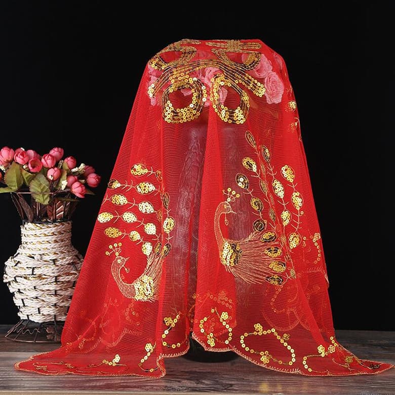 Casamento chinês nupcial vermelho pulôver renda transparente dourado feliz personagem pulôver Phoenix bordado gaze casam